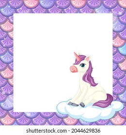 Blank pastel purple fish scales frame template with cute unicorn sitting on the cloud illustration