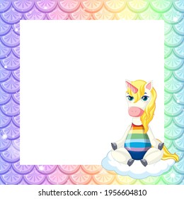 Blank pastel rainbow fish scales frame template with cute unicorn cartoon character illustration