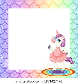 Blank pastel rainbow fish scales frame template with cute unicorn cartoon character illustration