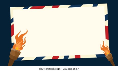 Blank patriotic sign with American flag border and flaming torches for message