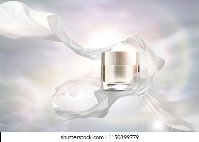 Blank pearl white cream jar with flying chiffon on 3d illustration