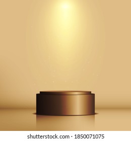 Blank pedestal. Circular base geometry shape stands on ground decorated with spotlight beam of light descends below. Podium of stand empty for product, advertising, show. Minimal. Vector illustration.