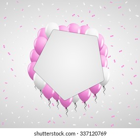 blank pentagon badge and pink balloons and confetti