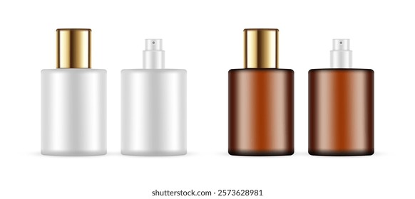 Blank Perfume Bottles With Golden Cap, Amber And Plastic Mockup, Isolated On White Background. Vector Illustration