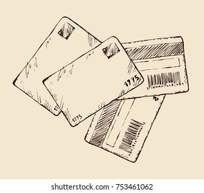 Blank personal data paid value sell e-ticket wallet icon set isolated on white backdrop. Freehand outline ink hand draw picture sign sketch in art doodle style pen on paper. Closeup and space for text