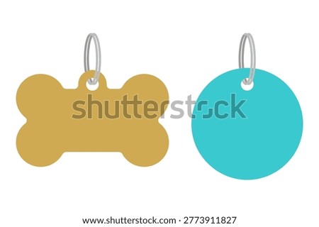 Blank pet identification tags, a golden bone shape and a turquoise circle, for dog or cat collars.