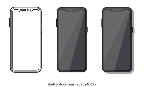 A blank phone. A mobile phone isolated on white background. An outline phone illustration. A black phone with shadows.