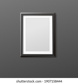 Blank photo black frame mockup hanging vertically on wall, realistic vector illustration isolated on gray background. Template of blank gallery picture wooden rack.