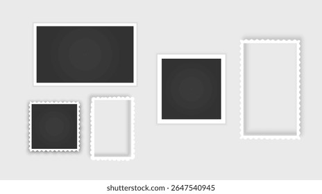 Moldura em branco do cartão fotográfico, conjunto de filmes. Retro fotografia vintage com. Imagem de instantâneo digital. Modelo ou maquete para design. Formato de vetor