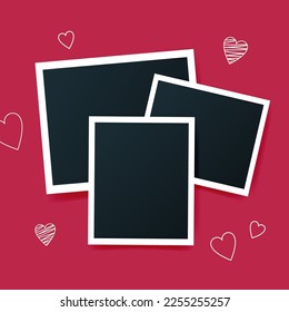 Blank photo cards and outline hearts on color Magenta background. Snapshot of happy moments of love. Vector illustration