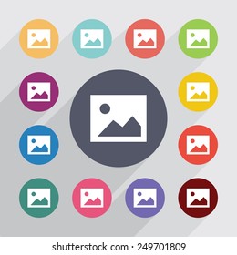 blank photo circle, flat icons set. Round colorful buttons 