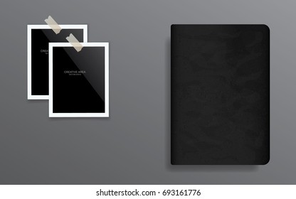 Blank photo frame and black notebook on dark grey gradient background. Vector illustration.