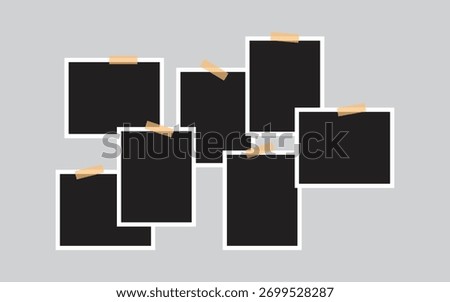Blank Photo Frame Collage on Gray Background. Taped Empty Frames Scrapbook Layout. vector illustration.