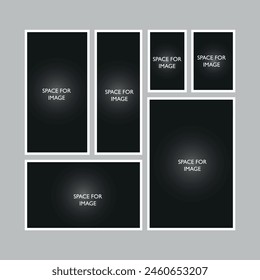 Blank photo frame collage template organize album or gallery vector collection
Set of collages for photos images. Vector template empty frames. Creative mockup mosaic grid photographs memory vintage