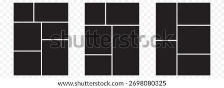 Blank photo frame design, vector collage template layout of six photo frames. Black 6  picture slot Photo album mockup. New collections. Vector illustration. Eps 10.