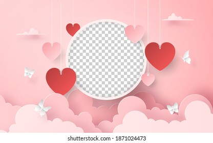 Blank photo frame with heart shape balloon on the sky, Romantic Valentine's Day