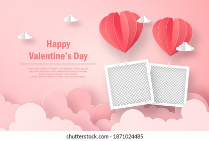 Blank photo frame with heart shape balloon on the sky, Happy Valentine's Day