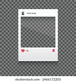 Blank Photo Frame on Transparent Background Ideal for Photo Editing Projects with likes and save icons. Social networks photo template. Vector Illustration.