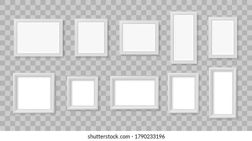 Blank photo frame on the wall. White realistic square empty picture photo frame isolated on transparent background. Modern design element for you product mock-up or presentation. Vector illustration.