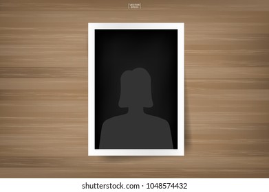 Blank photo frame or picture frame for background on wood with human icon. Vector illustration.