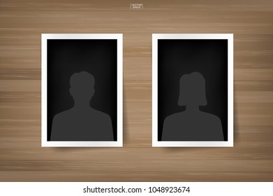Blank photo frame or picture frame for background on wood with human icon. Vector illustration.