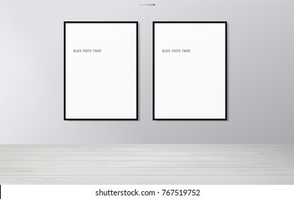 Blank photo frame or picture frame in room space background with wall and wooden floor. Vector illustration.