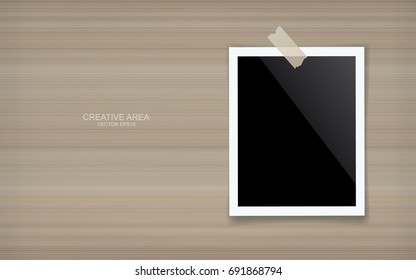 Blank photo frame or picture frame stick on wood wall. Vector vintage background.