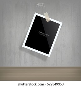 Blank photo frame or picture frame stick on concrete wall background with wooden floor. Vector illustration.