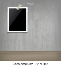 Blank photo frame or picture frame stick on concrete wall background with wooden floor. Vector illustration.