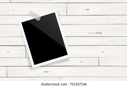 Blank Photo Frame Or Picture Frame Stick On White Wooden Wall. Vector Vintage Background.