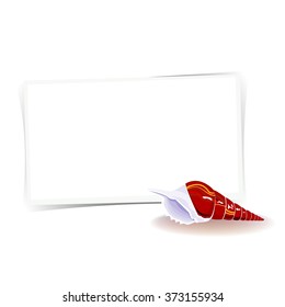 Blank photo frame and seashell. Illustration of mock-up composition, concept for traveling or nice memories about past vacation. White background. Vector is EPS8.