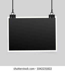 Blank photo frame set hanging on a clip. Retro vintage style. Realistic detailed photo icon design template. Vector solated on transparent background