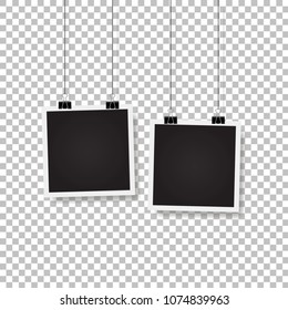 
Blank photo frame set hanging on a clip. Vintage style. Vector illustration. Realistic detailed photo icon design template. Set of two vintage photo frames. Vector isolated on transparent background.