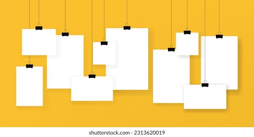 Blank photo frame set hanging on a clip. Retro vintage style. Vertical and horizontal photo design template. Black empty place for your text or photo.