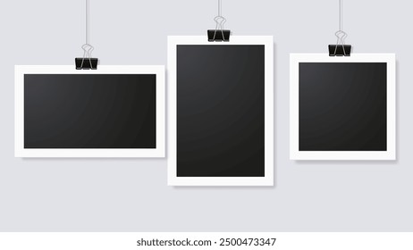 Blank photo frame set hanging on clip. Mockup empty place for your text or photo. Realistic detailed photo icon design template. Modern blank picture frame artwork. Vector design template