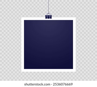 Blank photo frame set hanging on a clip. Retro vintage style. Black empty place for your text or photo. Realistic detailed photo icon design template. Vector isolated on transparent background.