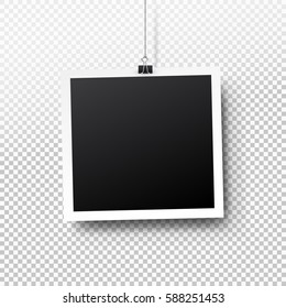 Blank Photo Frame Set Hanging On A Clip. Retro Vintage Style. Black Empty Place For Your Text Or Photo. Realistic Detailed Photo Icon Design Template. Vector Solated On Transparent Background.