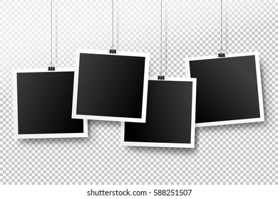 Blank photo frame set hanging on a clip. Retro vintage style. Black empty place for your text or photo. Realistic detailed photo icon design template. Vector solated on transparent background.