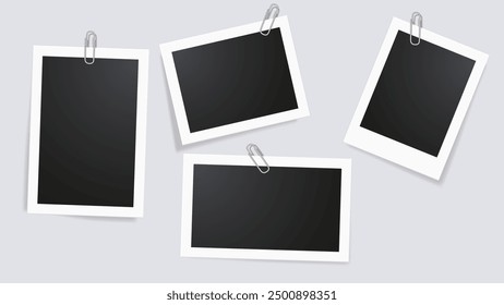 Blank photo frame set with paper clipp. Mockup empty place for your text or photo. Realistic detailed photo icon design template with shadow effect . Modern blank picture frame artwork. Vector design