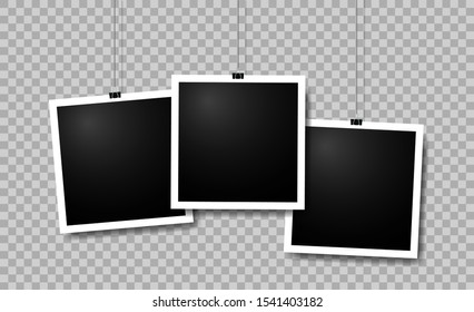 Blank photo frame set for photography. Picture frame hanging on paper clip in vintage style. Template memory photo album on wall. Set of instant snapshot mockup on isolated background. vector eps10