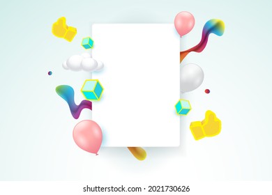 blank photo frame with social network symbol thumb up sign, balloons, cloud, cubic, colorful splash banner concept on background for Web, Internet, App, Analytics, Promotion, Marketing