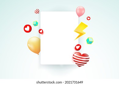 fotograma en blanco con símbolo de red social símbolo de corazón, globos, trueno, concepto de banner cúbico en segundo plano para Web, Internet, App, Analytics, Promotion, Marketing