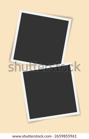 Blank photo frame template with soft shadow on beige background. Two square overlapping empty photos. Vector instant photo mockup for scrapbook, memory album, social media post design