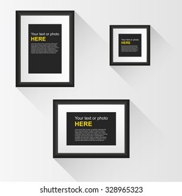 Blank photo frame templates set isolated on wall.