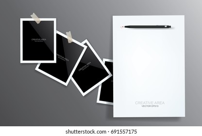 Blank photo frame and white paper sheet on a gray background. Vector template for your stylish photo or images.