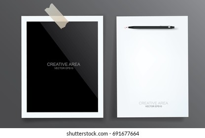 Blank photo frame and white paper sheet on a gray background. Vector template for your stylish photo or images.
