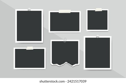 Blank photo frames collage glued tape on gray wall. Mood board template with photography empty picture. Vector illustration