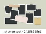Blank photo frames collage on green wall. Photography empty, paper sheet glued on board. Moodboard template mockup design.Vector illustration