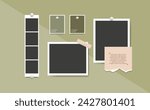 Blank photo frames collage on green wall. Moodboard template mockup design. Photograph snapshot, paper sheet glued on board. Vector illustration