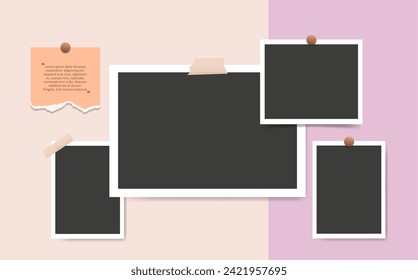 Blank photo frames collage on purple wall. Moodboard template with Photograph snapshot, paper sheet glued on board. Vector illustration